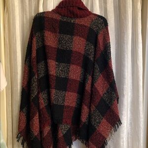 Plaid Cowl-Neck Blanket Poncho with Fringe